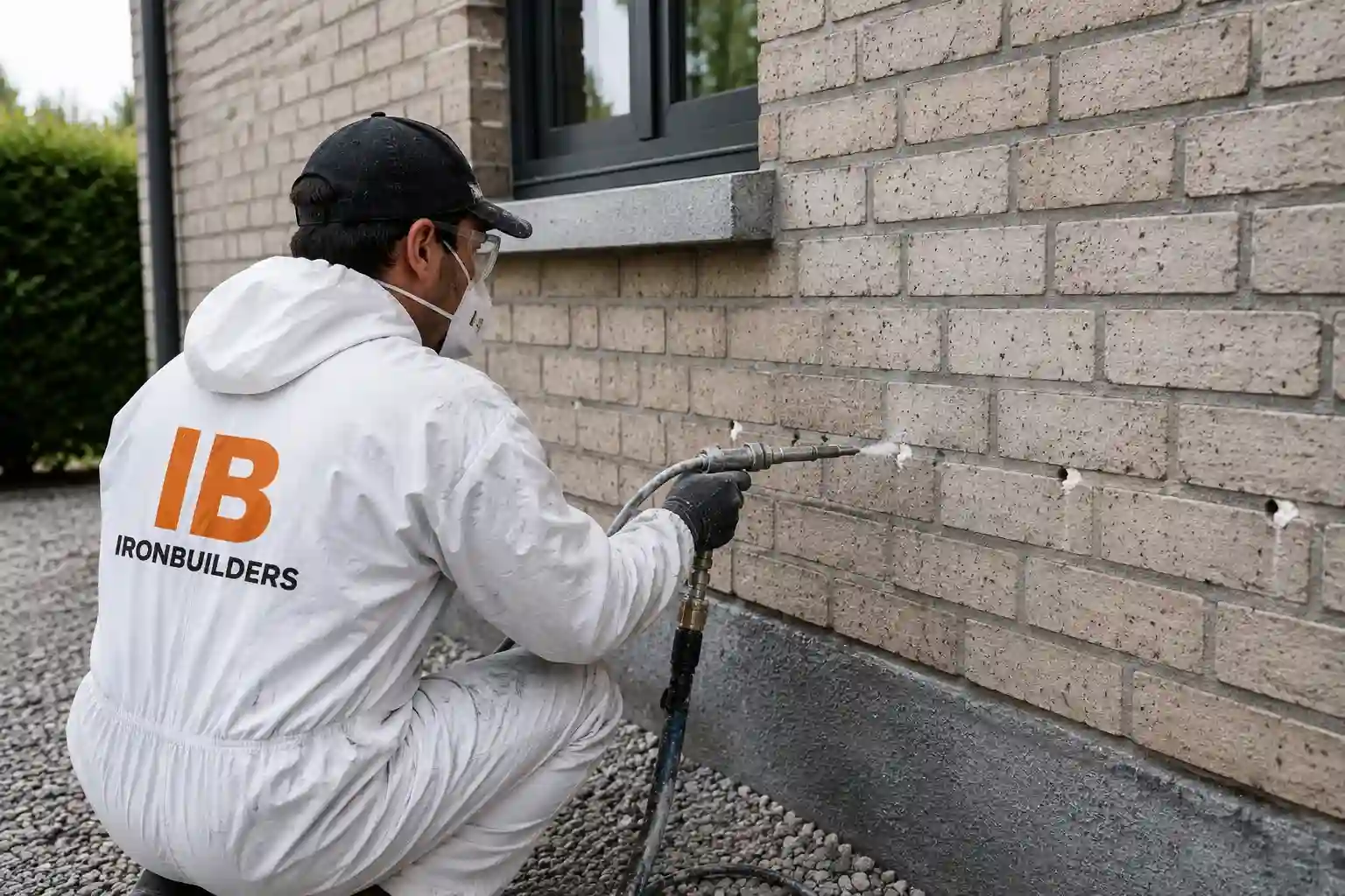 Technicien réalisant une isolation par injection dans un mur creux