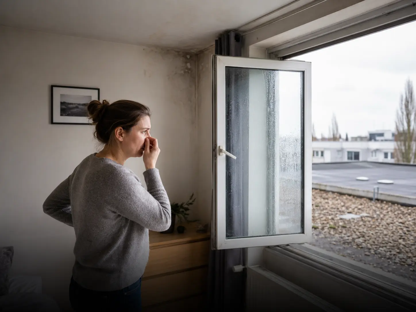 Propriétaire constatant une odeur d’humidité près d’un mur extérieur