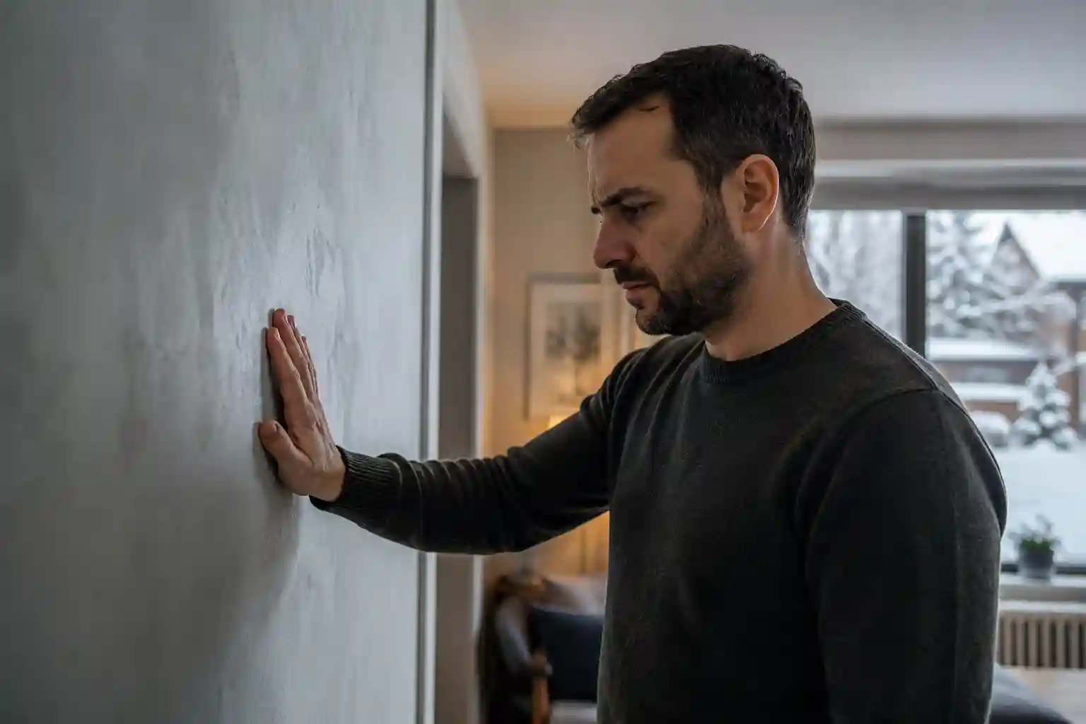 Propriétaire touchant un mur intérieur froid près d’une façade mal isolée