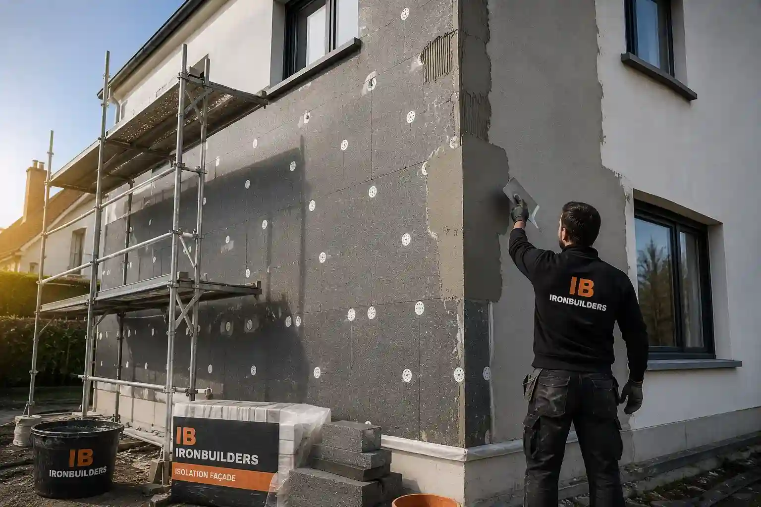 Pose de panneaux isolants EPS sur la façade d’une maison