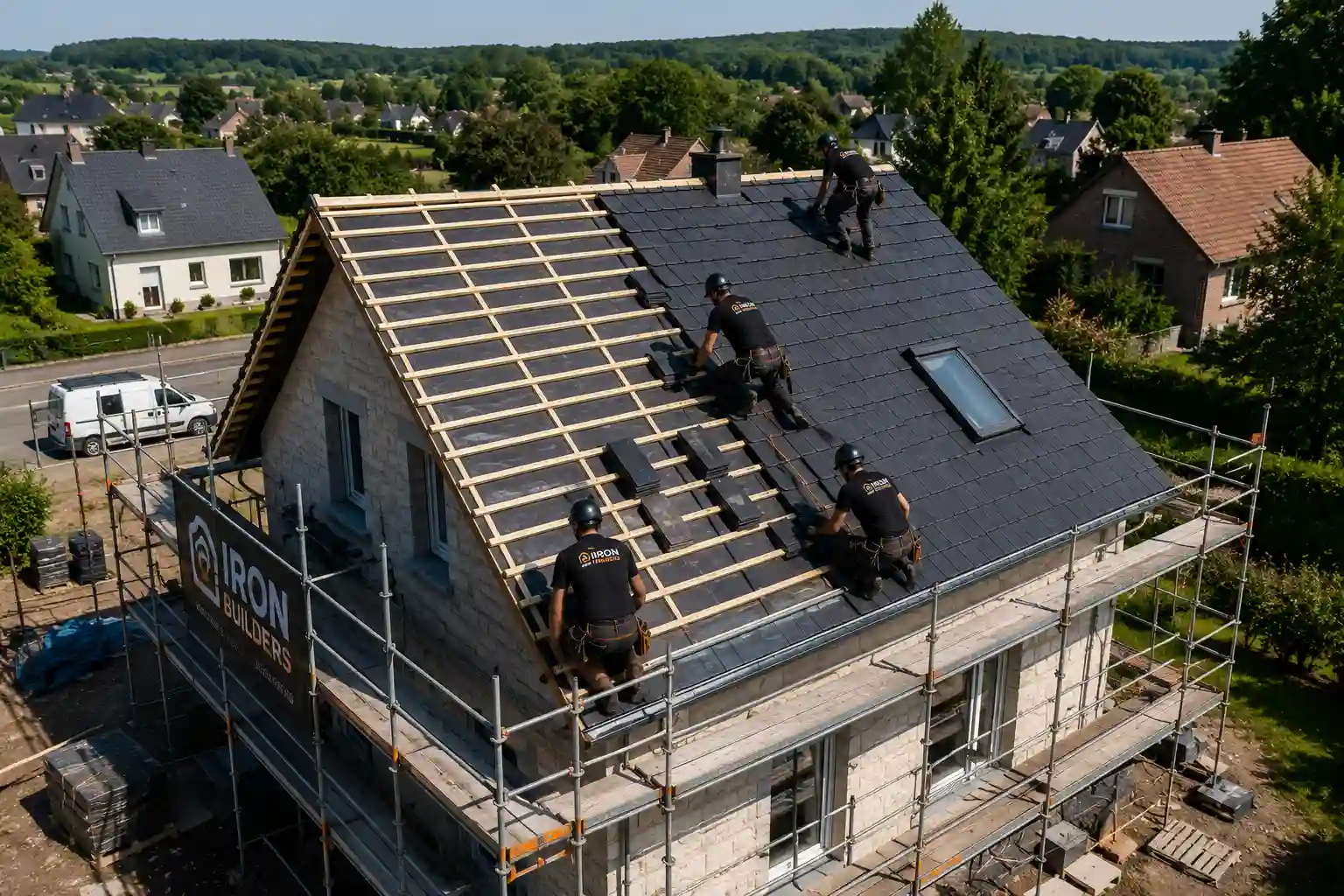 Chantier de rénovation toiture réalisé par IronBuilders en Belgique