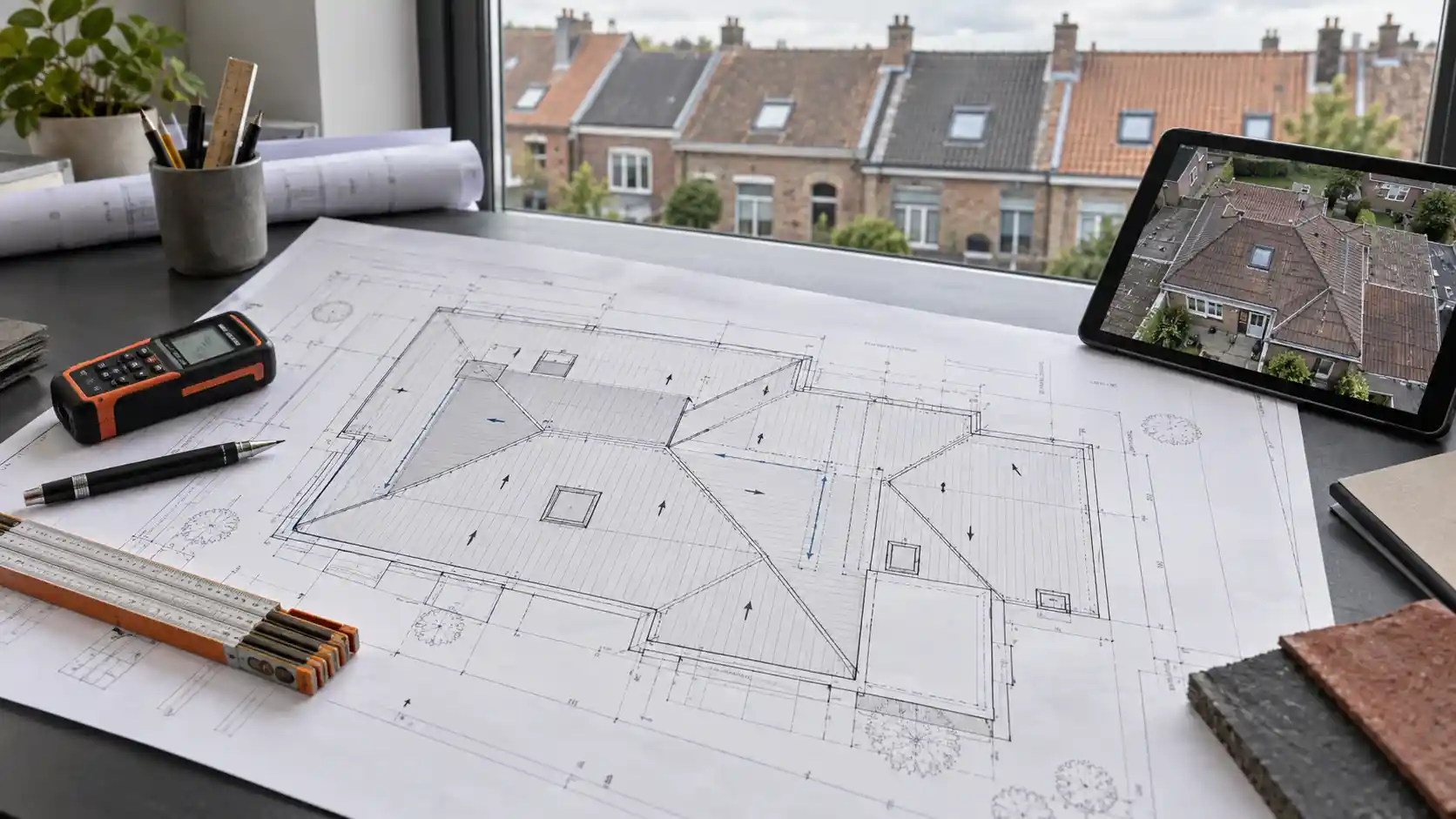 Plan coté montrant les dimensions et les pentes d’une toiture
